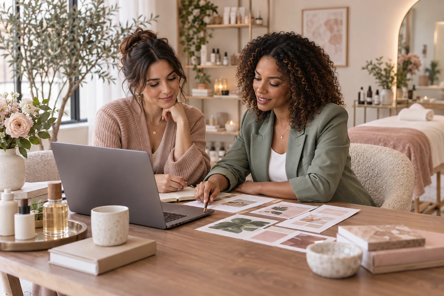 Skincare business team reviewing a client growth workflow