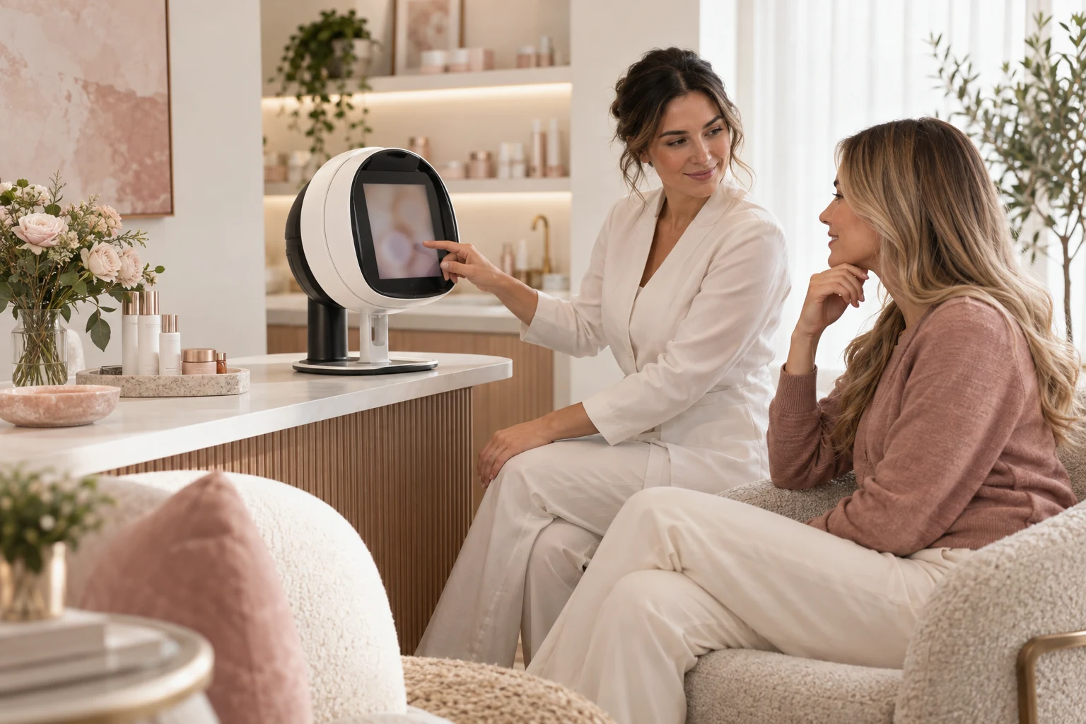 Esthetician using a professional skin analyzer with a client